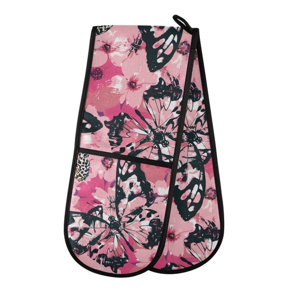 Dailycode Double Sided Oven Mitt with Loop Heat Resistant Kitchen Long Potholders 7" x 35" Pink Leopard Butterfly