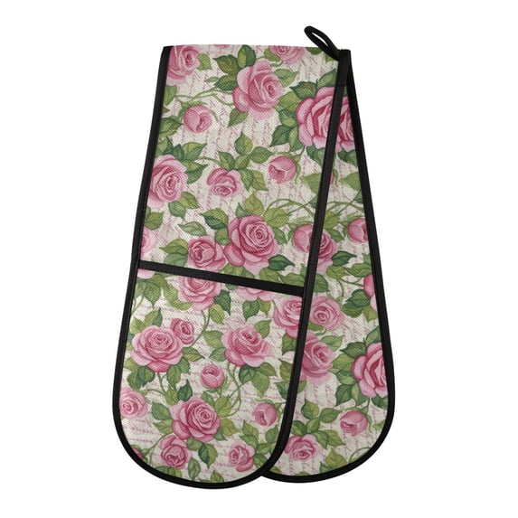 Dailycode Double Sided Oven Mitt with Loop Heat Resistant Kitchen Long Potholders 7" x 35" Pink Roses with Script