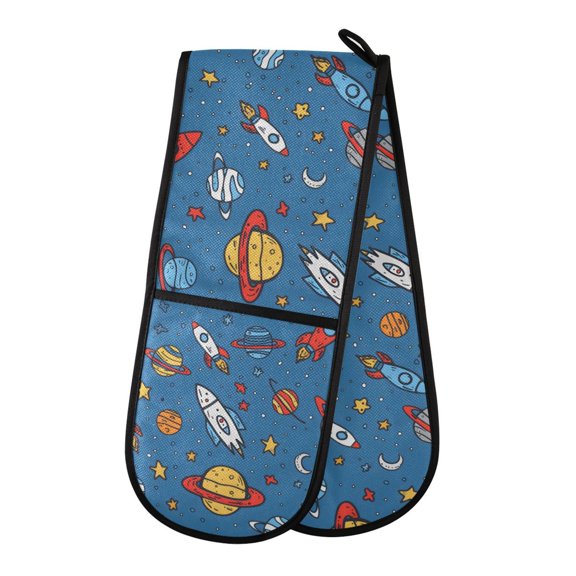 Dailycode Double Sided Oven Mitt with Loop Heat Resistant Kitchen Long Potholders 7" x 35" Planet Rocket Moon Star