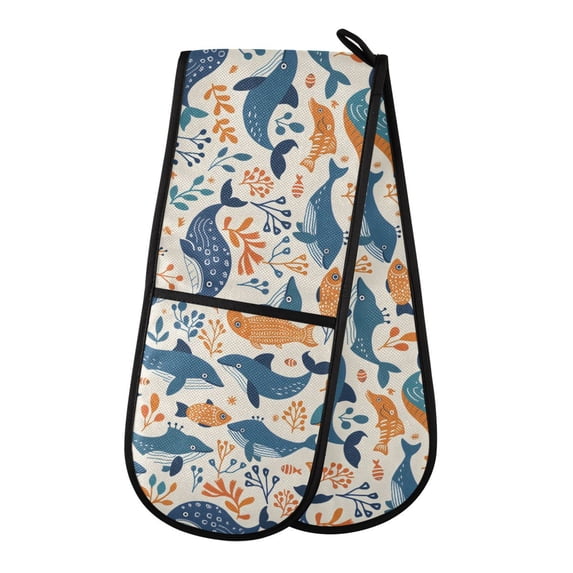 Dailycode Double Sided Oven Mitt with Loop Heat Resistant Kitchen Long Potholders 7" x 35" Playful Whale and Fish