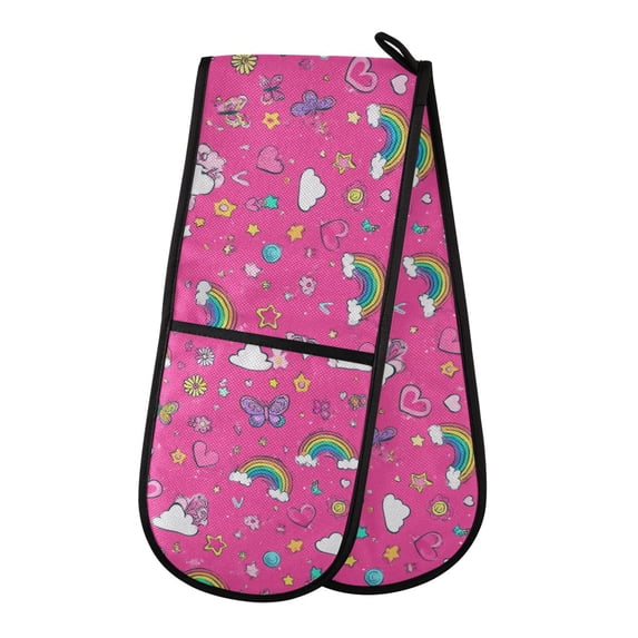 Dailycode Double Sided Oven Mitt with Loop Heat Resistant Kitchen Long Potholders 7" x 35" Rainbow Cloud Heard Flower Star