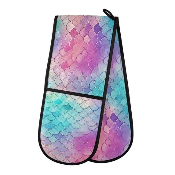 Dailycode Double Sided Oven Mitt with Loop Heat Resistant Kitchen Long Potholders 7" x 35" Rainbow Fish Scale