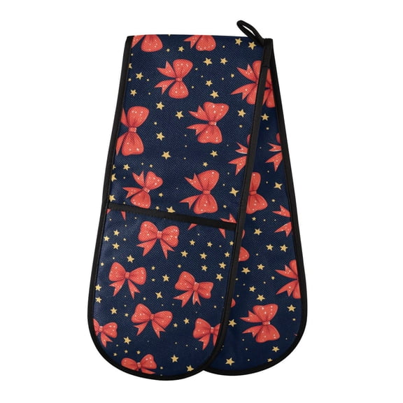 Dailycode Double Sided Oven Mitt with Loop Heat Resistant Kitchen Long Potholders 7" x 35" Red Bow and Star