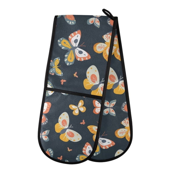 Dailycode Double Sided Oven Mitt with Loop Heat Resistant Kitchen Long Potholders 7" x 35" Red Yellow Grey Butterflies