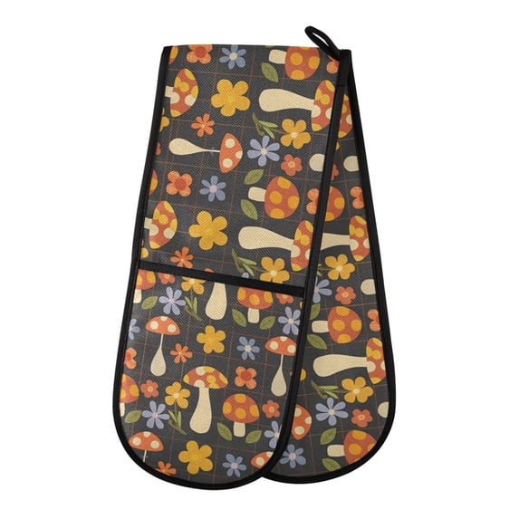 Dailycode Double Sided Oven Mitt with Loop Heat Resistant Kitchen Long Potholders 7" x 35" Retro Groovy Flowers Mushrooms