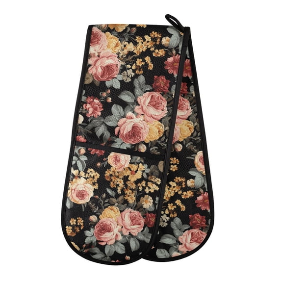 Dailycode Double Sided Oven Mitt with Loop Heat Resistant Kitchen Long Potholders 7" x 35" Rococo Red Pink Yellow Rose