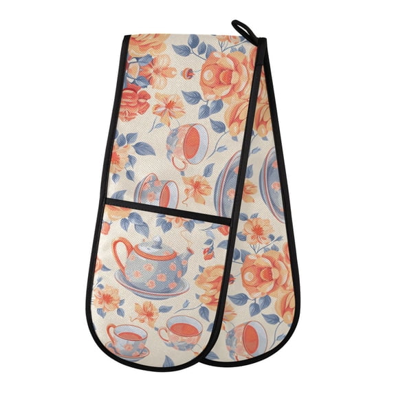 Dailycode Double Sided Oven Mitt with Loop Heat Resistant Kitchen Long Potholders 7" x 35" Rose Flower Teacup Teapot Leaf