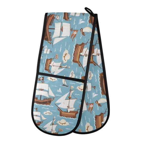 Dailycode Double Sided Oven Mitt with Loop Heat Resistant Kitchen Long Potholders 7" x 35" Schooner Ship and Hat