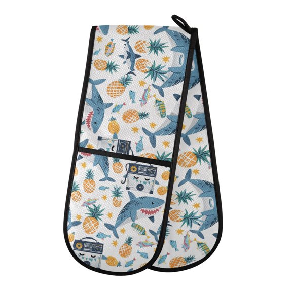 Dailycode Double Sided Oven Mitt with Loop Heat Resistant Kitchen Long Potholders 7" x 35" Shark Pineapple Fish Music Players