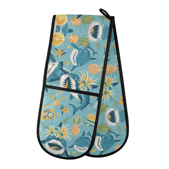 Dailycode Double Sided Oven Mitt with Loop Heat Resistant Kitchen Long Potholders 7" x 35" Shark Pineapple Music Players