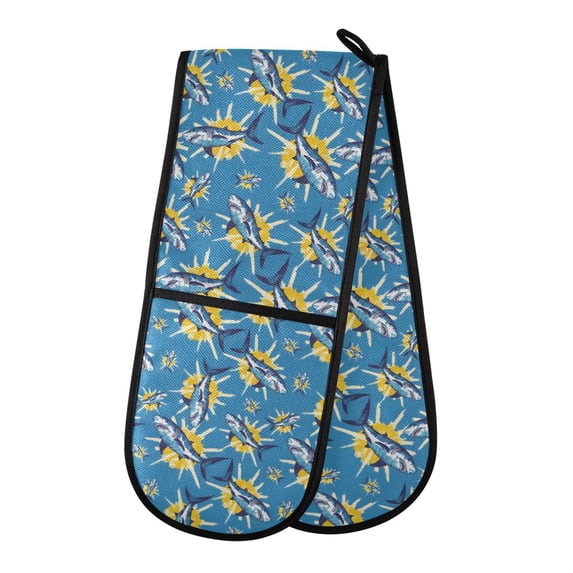 Dailycode Double Sided Oven Mitt with Loop Heat Resistant Kitchen Long Potholders 7" x 35" Sharks and Tie Dye