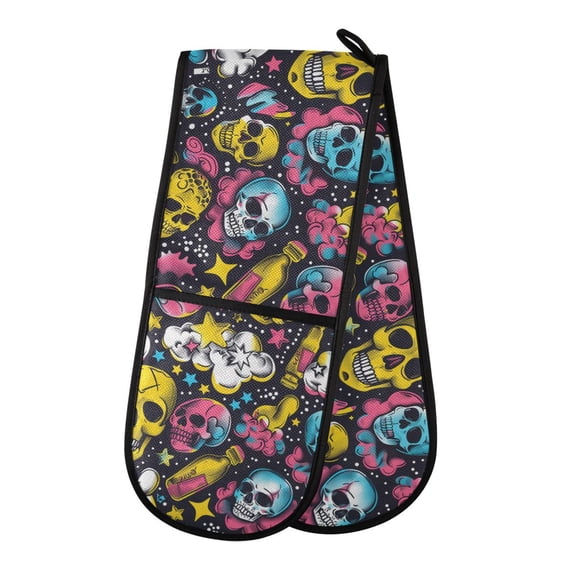 Dailycode Double Sided Oven Mitt with Loop Heat Resistant Kitchen Long Potholders 7" x 35" Skull Candy Bottles Stars