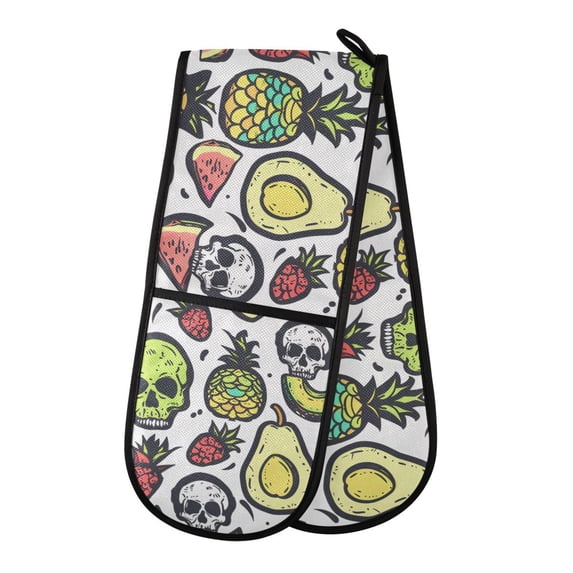 Dailycode Double Sided Oven Mitt with Loop Heat Resistant Kitchen Long Potholders 7" x 35" Skull and Fruits