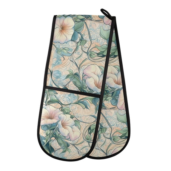 Dailycode Double Sided Oven Mitt with Loop Heat Resistant Kitchen Long Potholders 7" x 35" Soft Pastel Morning Glory Flowers