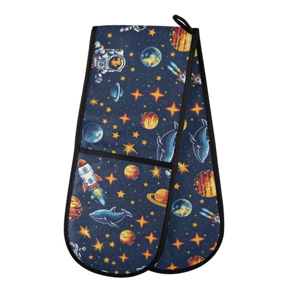 Dailycode Double Sided Oven Mitt with Loop Heat Resistant Kitchen Long Potholders 7" x 35" Space Stars Rocket Whale