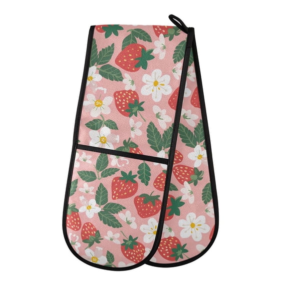 Dailycode Double Sided Oven Mitt with Loop Heat Resistant Kitchen Long Potholders 7" x 35" Strawberries Flowers Leaves