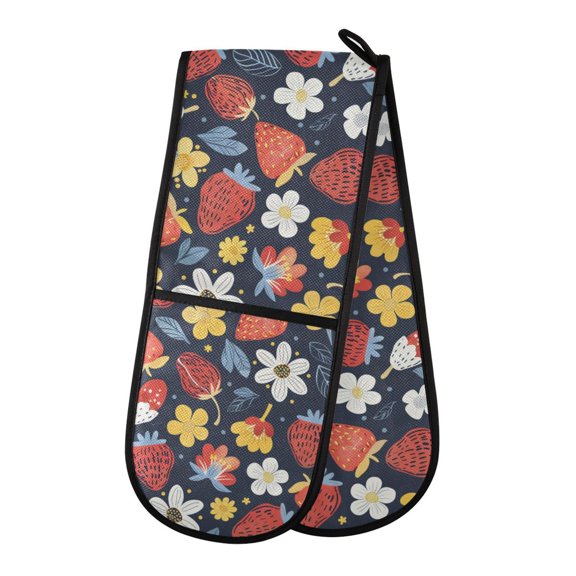 Dailycode Double Sided Oven Mitt with Loop Heat Resistant Kitchen Long Potholders 7" x 35" Strawberry Leaf Daisies