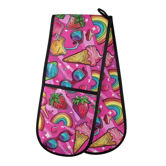 Dailycode Double Sided Oven Mitt with Loop Heat Resistant Kitchen Long Potholders 7" x 35" Strawberry Rainbow Sunglasses