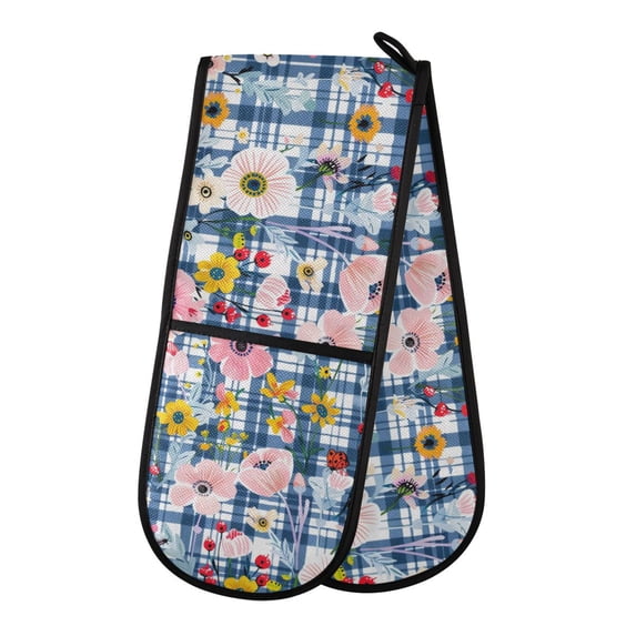 Dailycode Double Sided Oven Mitt with Loop Heat Resistant Kitchen Long Potholders 7" x 35" Summer Flowers and Ladybirds