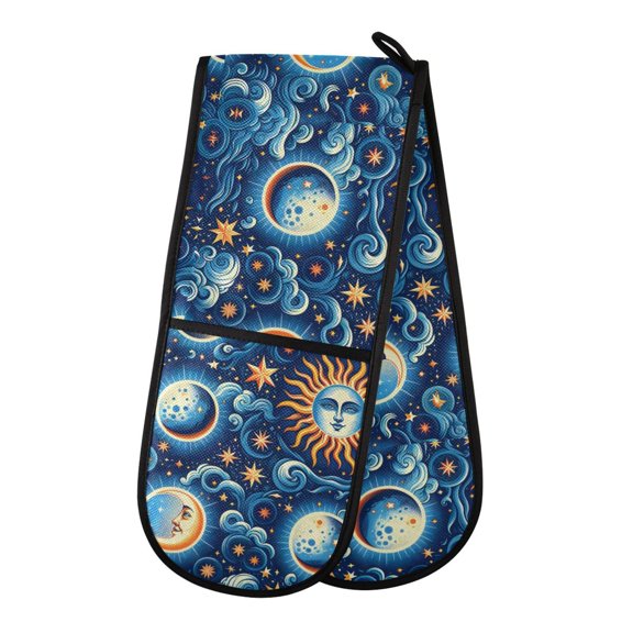 Dailycode Double Sided Oven Mitt with Loop Heat Resistant Kitchen Long Potholders 7" x 35" Sun Moon Face and Swirling Clouds