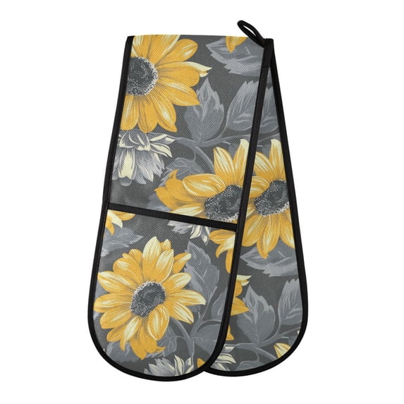 Dailycode Double Sided Oven Mitt with Loop Heat Resistant Kitchen Long Potholders 7" x 35" Sunflowers with Leaves