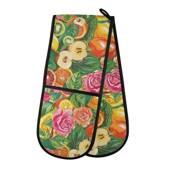 Dailycode Double Sided Oven Mitt with Loop Heat Resistant Kitchen Long Potholders 7" x 35" Tropical Fruit and Rose