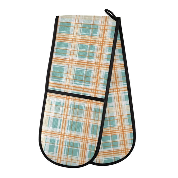 Dailycode Double Sided Oven Mitt with Loop Heat Resistant Kitchen Long Potholders 7" x 35" Turquoise Orange White Plaid