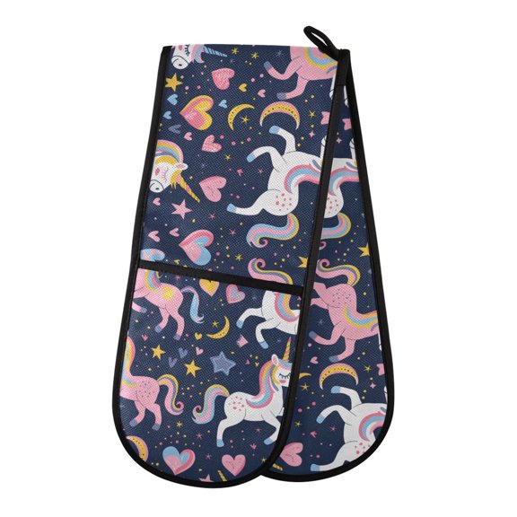Dailycode Double Sided Oven Mitt with Loop Heat Resistant Kitchen Long Potholders 7" x 35" Unicorn and Colorful Heart