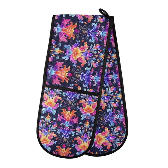 Dailycode Double Sided Oven Mitt with Loop Heat Resistant Kitchen Long Potholders 7" x 35" Vibrant Floral Flower Damask