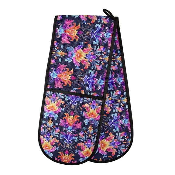 Dailycode Double Sided Oven Mitt with Loop Heat Resistant Kitchen Long Potholders 7" x 35" Vibrant Floral Flower Damask