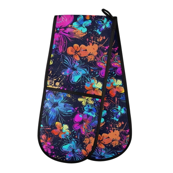Dailycode Double Sided Oven Mitt with Loop Heat Resistant Kitchen Long Potholders 7" x 35" Vibrant Neon Floral