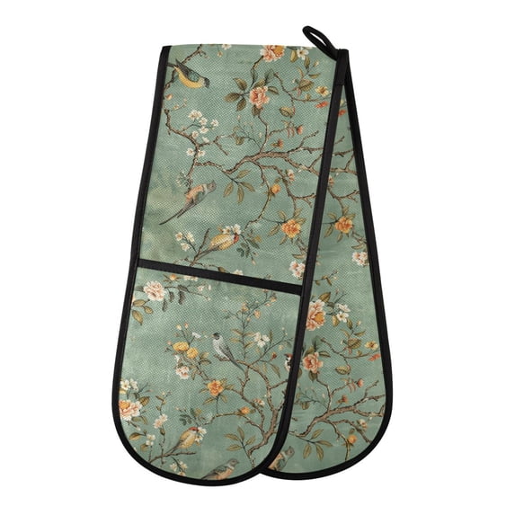 Dailycode Double Sided Oven Mitt with Loop Heat Resistant Kitchen Long Potholders 7" x 35" Vintage Chinese Bird and Flower