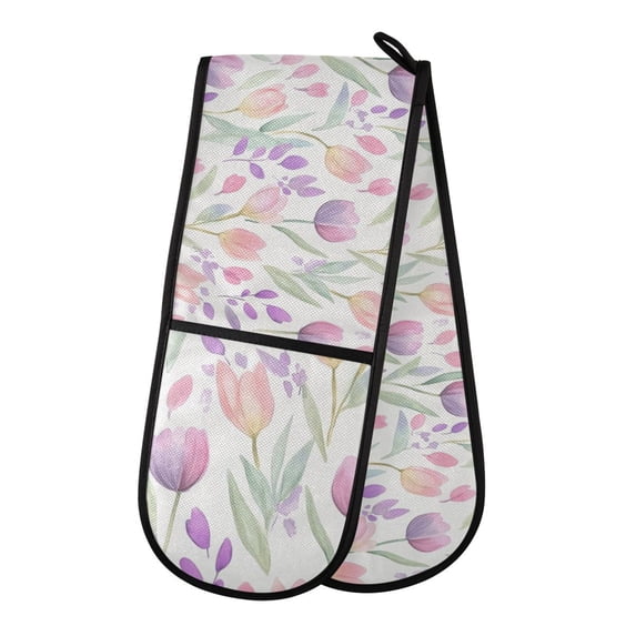 Dailycode Double Sided Oven Mitt with Loop Heat Resistant Kitchen Long Potholders 7" x 35" Watercolor Tulips and Berries