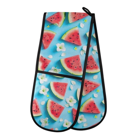 Dailycode Double Sided Oven Mitt with Loop Heat Resistant Kitchen Long Potholders 7" x 35" Watermelon Slices with Plumeria Flowers