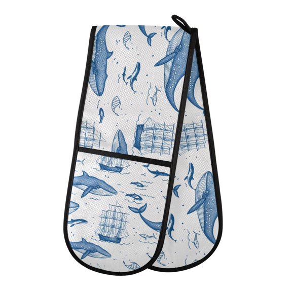 Dailycode Double Sided Oven Mitt with Loop Heat Resistant Kitchen Long Potholders 7" x 35" Whales Boats Fish