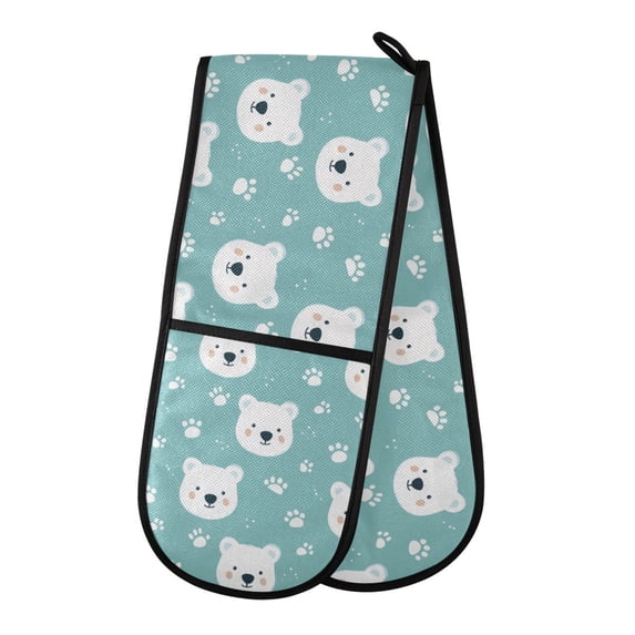 Dailycode Double Sided Oven Mitt with Loop Heat Resistant Kitchen Long Potholders 7" x 35" White Bear Face and Paw