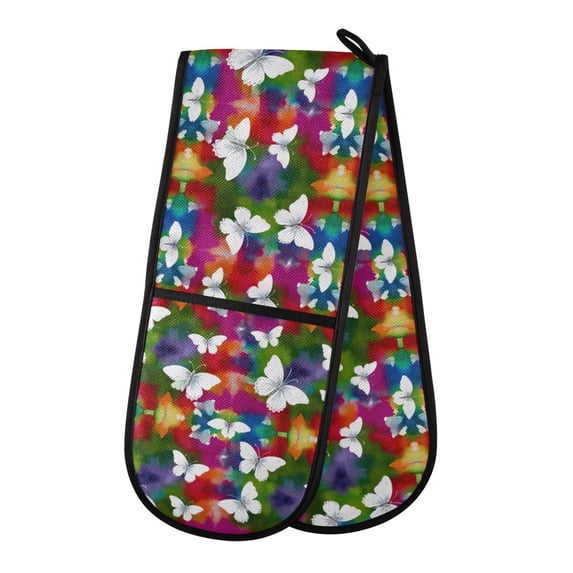 Dailycode Double Sided Oven Mitt with Loop Heat Resistant Kitchen Long Potholders 7" x 35" White Elegant Butterflies