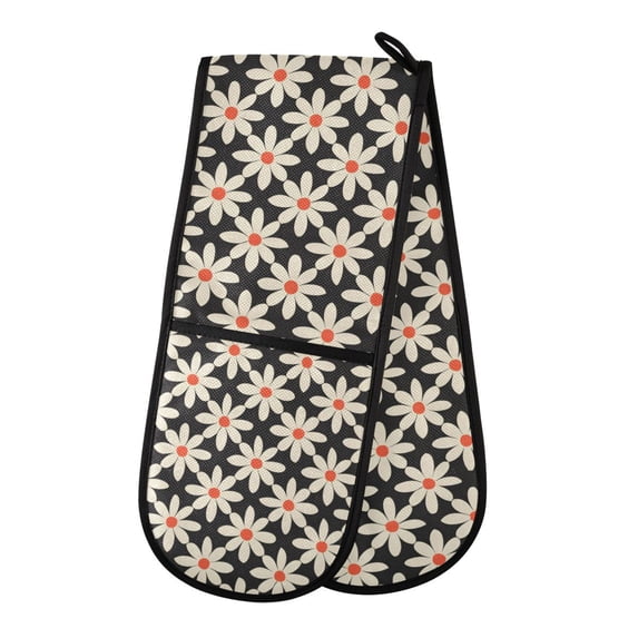Dailycode Double Sided Oven Mitt with Loop Heat Resistant Kitchen Long Potholders 7" x 35" White Flowers on Black