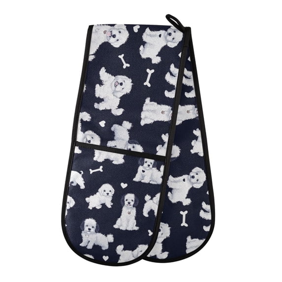Dailycode Double Sided Oven Mitt with Loop Heat Resistant Kitchen Long Potholders 7" x 35" White Puppies and Bones