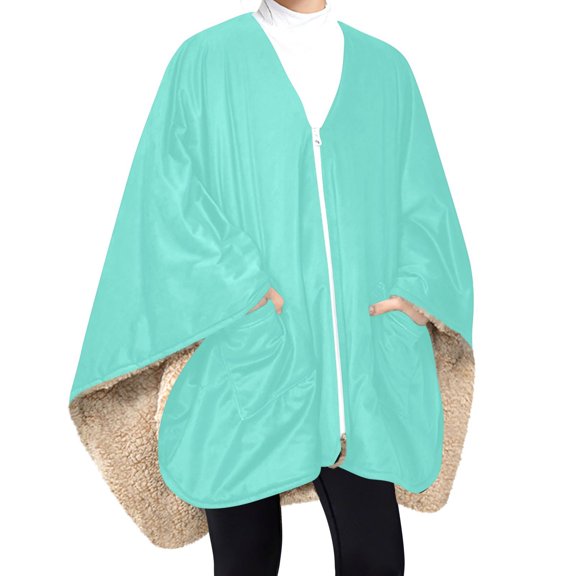 Dailycode Fleece Wearable Blanket Poncho Double Layer Blanket Shawl Wrap with Pockets Zipper for Adults, Calamine Blue