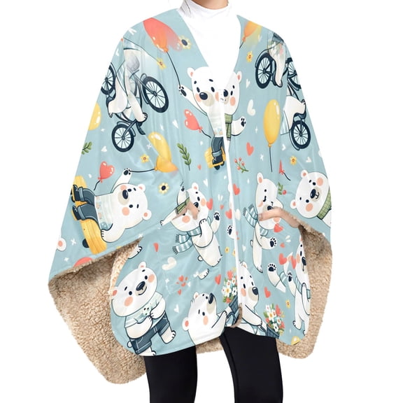 Dailycode Fleece Wearable Blanket Poncho Double Layer Blanket Shawl Wrap with Pockets Zipper for Adults, Cute Cartoon Polar Bears