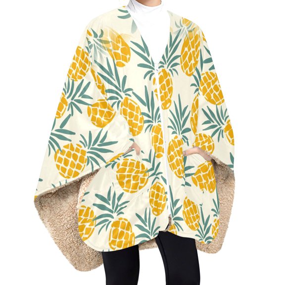 Dailycode Fleece Wearable Blanket Poncho Double Layer Blanket Shawl Wrap with Pockets Zipper for Adults, Retro Pineapples
