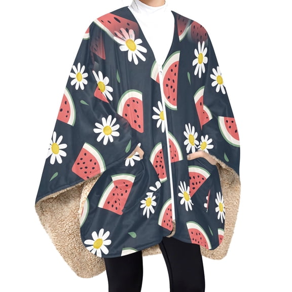 Dailycode Fleece Wearable Blanket Poncho Double Layer Blanket Shawl Wrap with Pockets Zipper for Adults, Watermelon Slice and Daisy
