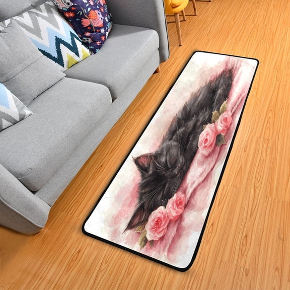Dailycode Hallway Runner Rug 2x6 Non Slip Absorbent Soft Floor Mat for Home Kitchen Bedroom Entrance Black Cat with Rose