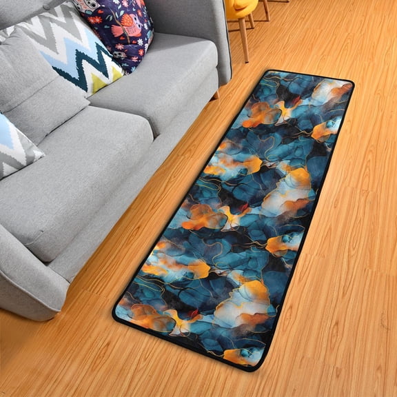 Dailycode Hallway Runner Rug 2x6 Non Slip Absorbent Soft Floor Mat for Home Kitchen Bedroom Entrance Dark Blue and Orange Marble