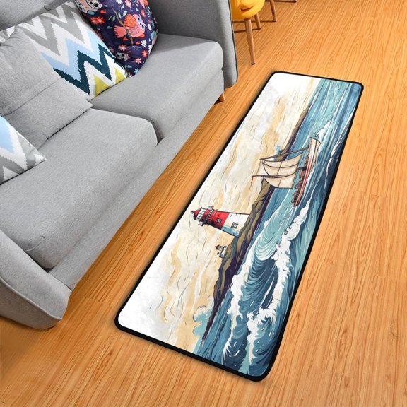 Dailycode Hallway Runner Rug 2x6 Non Slip Absorbent Soft Floor Mat for Home Kitchen Bedroom Entrance Lighthouse Ship Sea