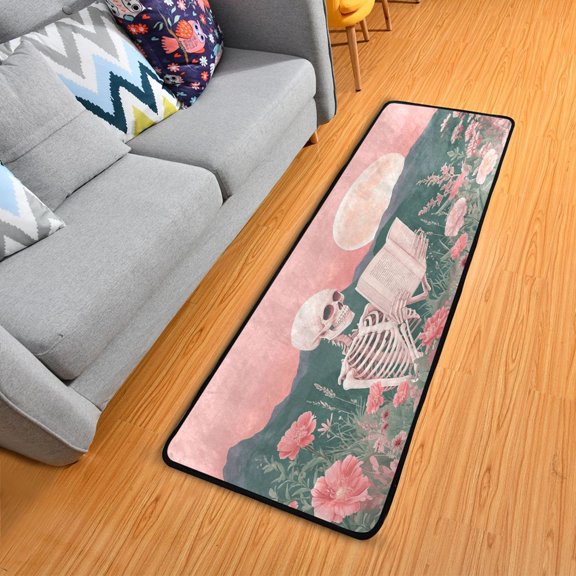 Dailycode Hallway Runner Rug 2x6 Non Slip Absorbent Soft Floor Mat for Home Kitchen Bedroom Entrance Skeleton Skull Read Book