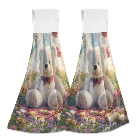Dailycode Kitchen Wash Cloths with Hanging Loops Absorbent Absorbent Quick Drying Hand Towels, 2 Pack, Bear Having Outdoor Picnic