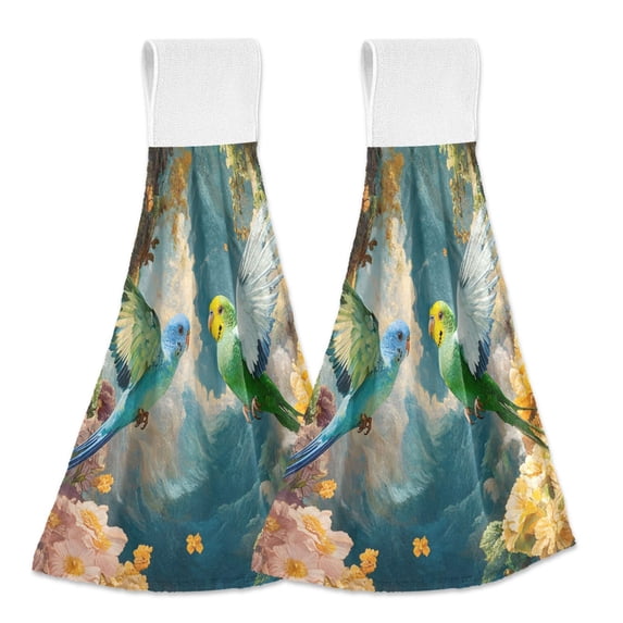Dailycode Kitchen Wash Cloths with Hanging Loops Absorbent Absorbent Quick Drying Hand Towels, 2 Pack, Beautiful Parrots Flying and Flowers