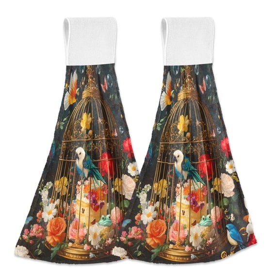 Dailycode Kitchen Wash Cloths with Hanging Loops Absorbent Absorbent Quick Drying Hand Towels, 2 Pack, Bird Cake Flower Butterfly
